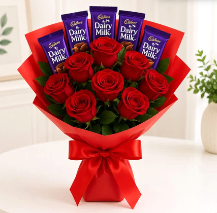 Classic Red Roses & Cadbury Celebration Bunch