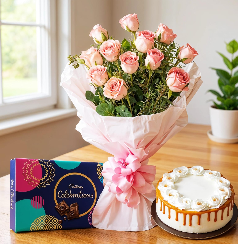 New ProductSweet Elegance Cadbury, Vanilla Cake & Pink Roses Combo