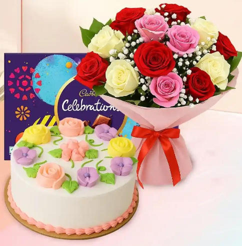 Vibrant Joy Cadbury, Vanilla Cake & Mixed Roses Hamper