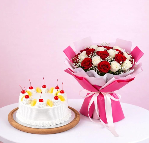 Elegant Harmony Red & White Roses with Vanilla Cake