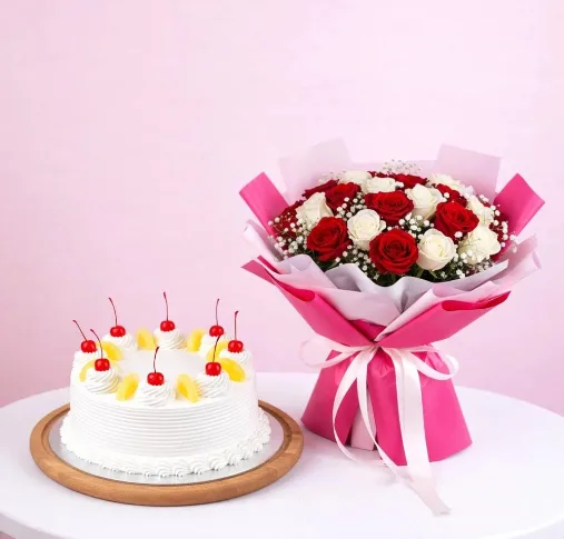 Elegant Harmony Red & White Roses with Vanilla Cake