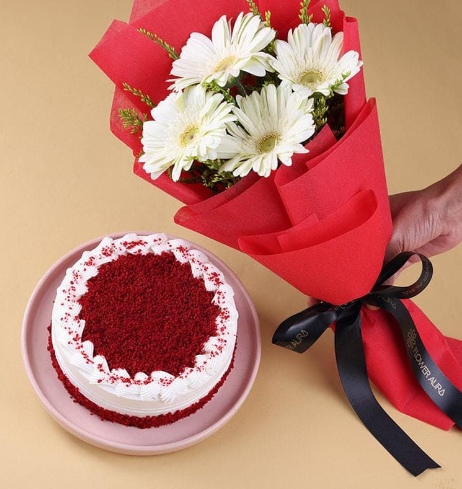 Vibrant Cheer Mixed Gerberas & Red Velvet Cake Hamper