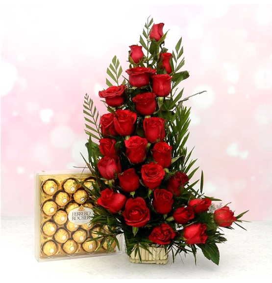 Elegant Red Roses Basket & Ferrero Rocher Delight