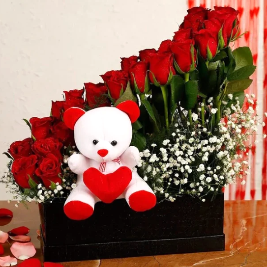 Charming Red Roses Basket & Plush Teddy Bear Hamper
