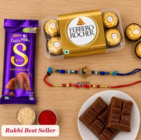 Golden Bandhan Ferrero, Silk & Designer Rakhi Hamper