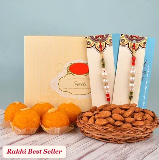 Traditional Royal Rakhi Combo: Motichoor Laddoo & Crunchy Almonds