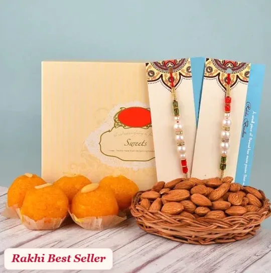 Traditional Royal Rakhi Combo: Motichoor Laddoo & Crunchy Almonds