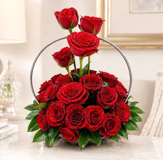 Radiant Romance 24 Red Rose Silver Basket