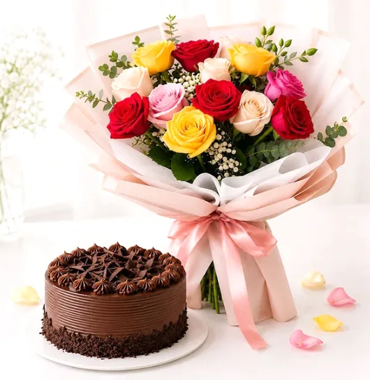 Radiant Bliss 10 Mixed Rose & Cake Set