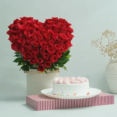 Eternal Love 50 Red Roses Heart Basket & Strawberry Cake Combo