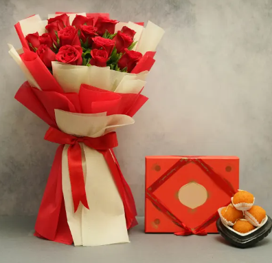 Sweet Romance 15 Red Roses & Motichoor Ladoo Combo