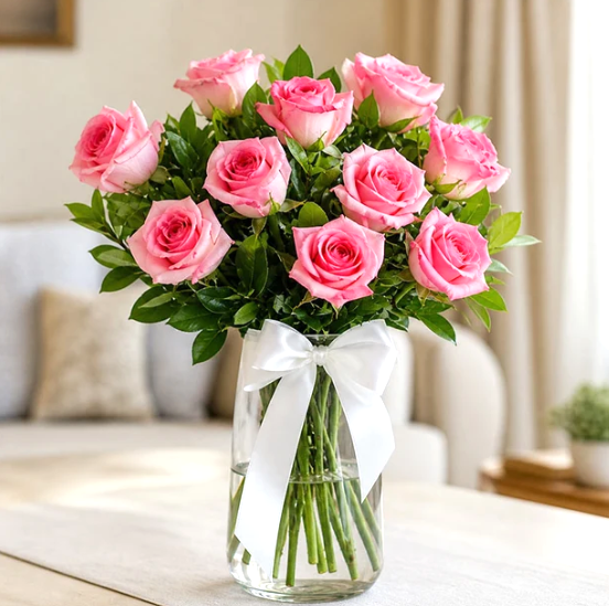 Sweet Affection Pink Rose Glass Vase
