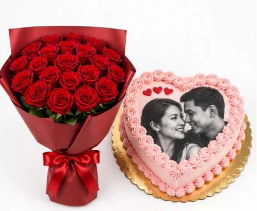Scarlet Passion Red Roses & Strawberry Vanilla Heart Photo Cake