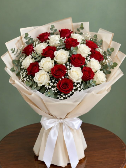 Eternal Passion 30 Red & White Rose Hand Bunch