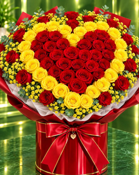 Golden Passion 101 Red & Yellow Rose Heart Arrangement